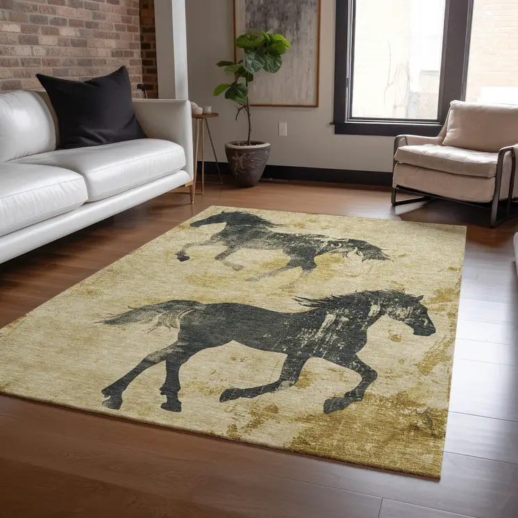 10' X 14' Gold And Charcoal Horse Washable Indoor Outdoor Area Rug