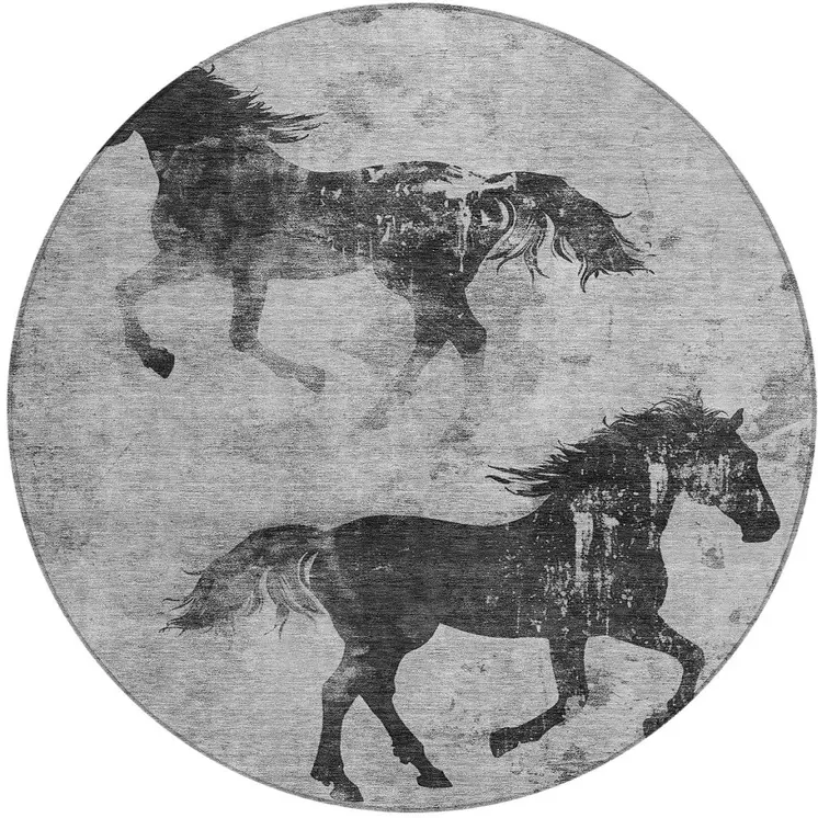 8' Gray And Charcoal Round Horse Washable Indoor Outdoor Area Rug
