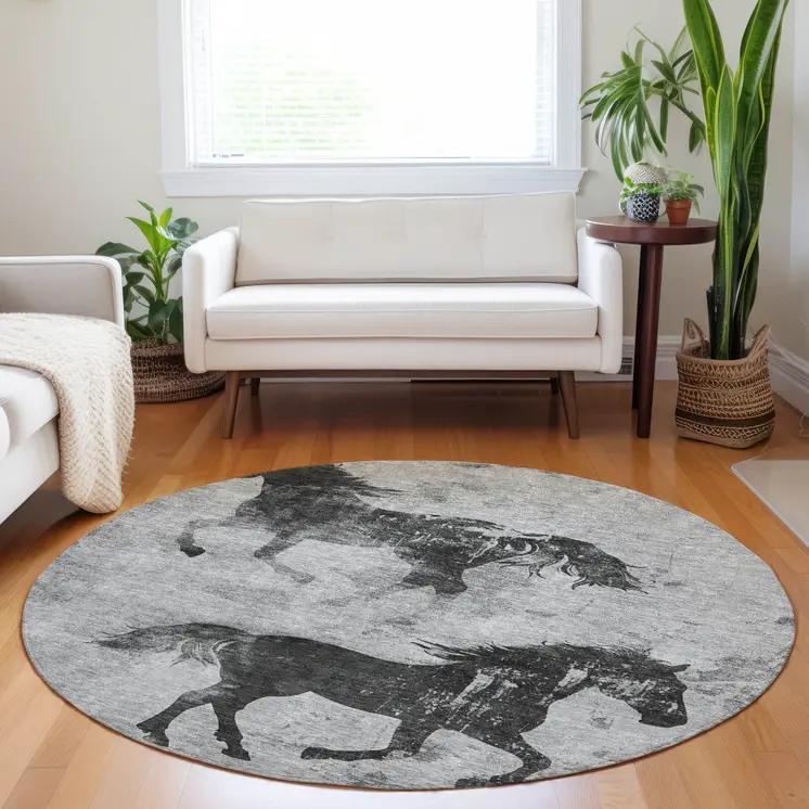 8' Gray And Charcoal Round Horse Washable Indoor Outdoor Area Rug