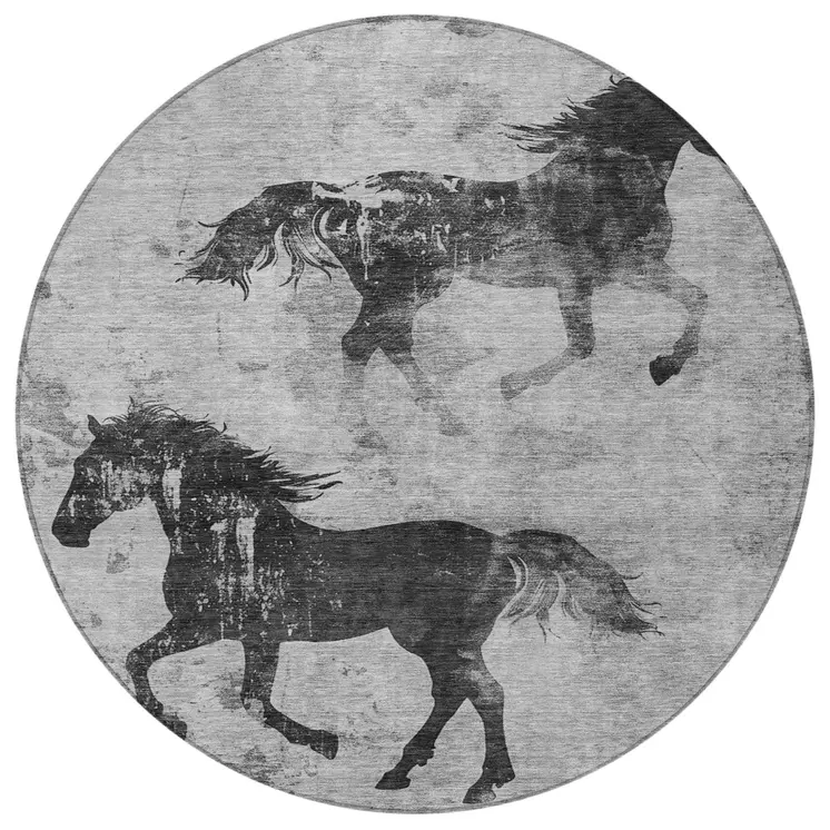 8' Gray And Charcoal Round Horse Washable Indoor Outdoor Area Rug