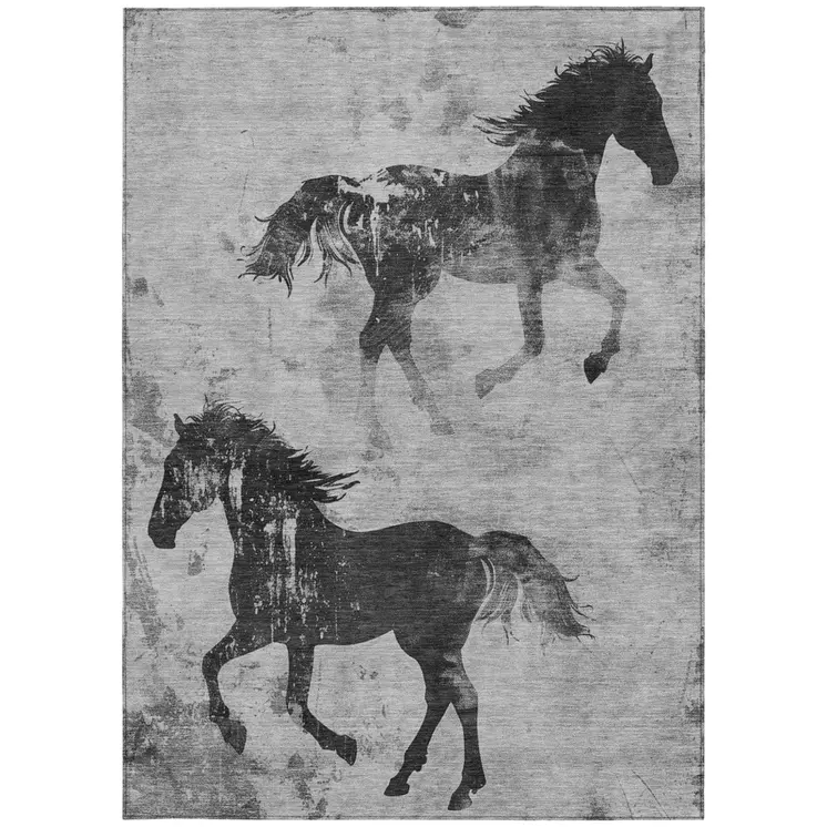 9' X 12' Gray And Charcoal Horse Washable Indoor Outdoor Area Rug