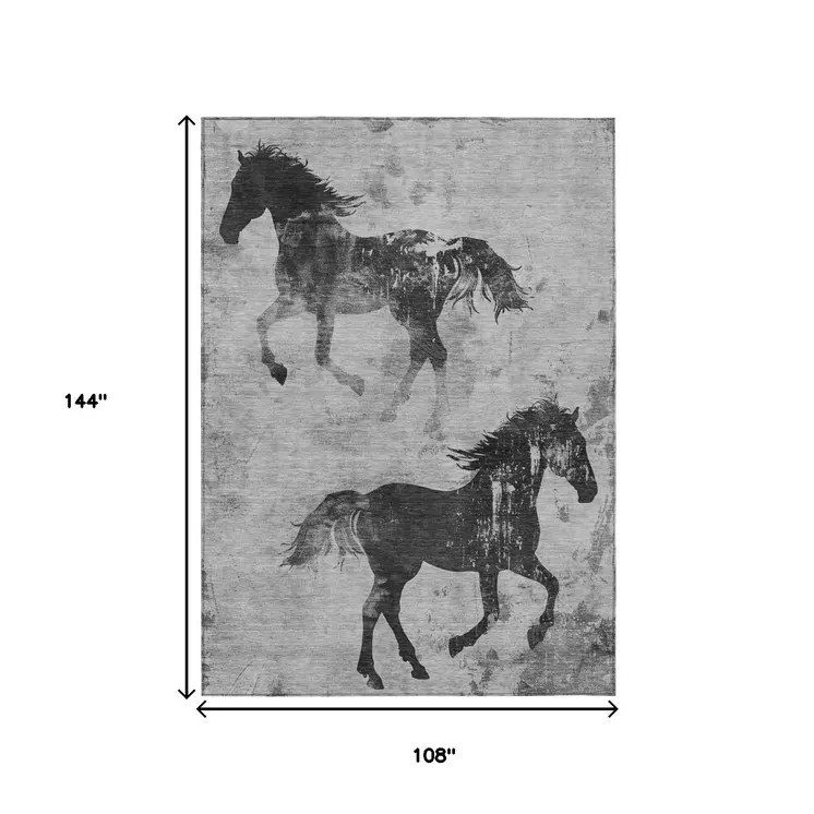 9' X 12' Gray And Charcoal Horse Washable Indoor Outdoor Area Rug