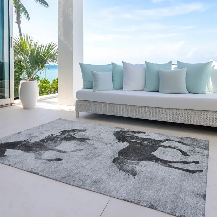 9' X 12' Gray And Charcoal Horse Washable Indoor Outdoor Area Rug
