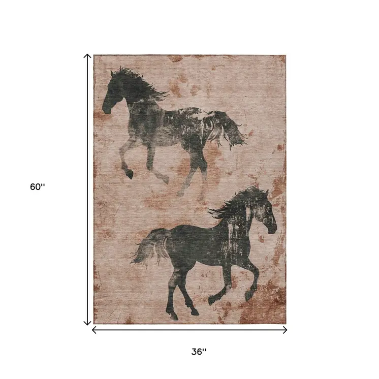 3' X 5' Rust And Charcoal Horse Washable Indoor Outdoor Area Rug