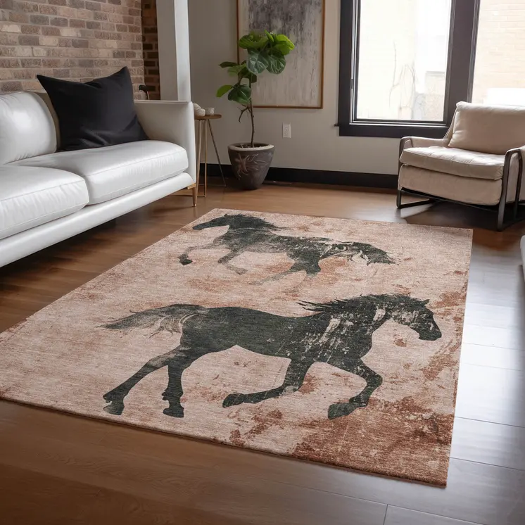 3' X 5' Rust And Charcoal Horse Washable Indoor Outdoor Area Rug