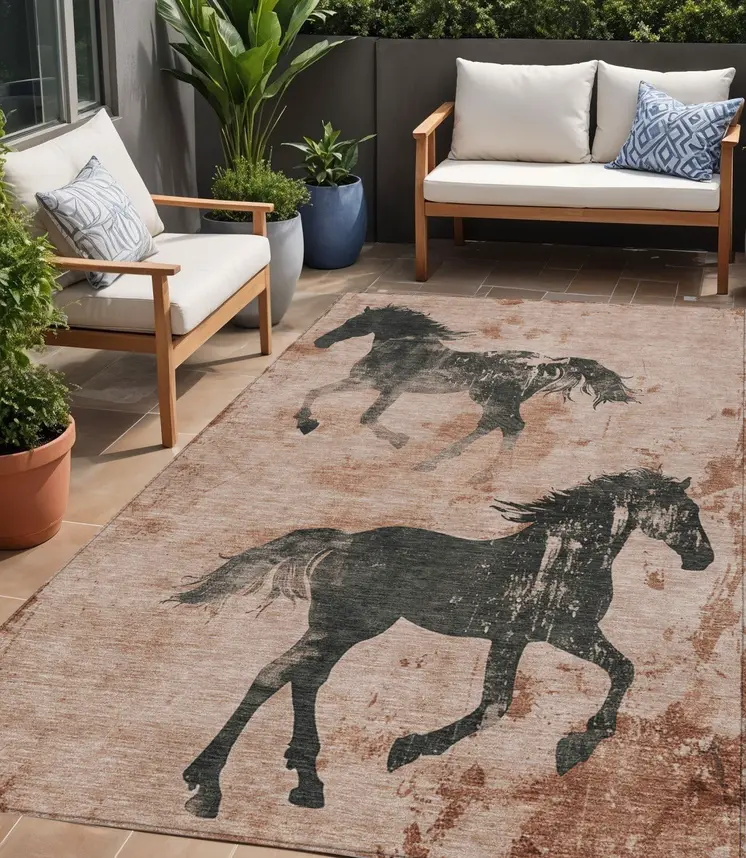 5' X 8' Rust And Charcoal Horse Washable Indoor Outdoor Area Rug