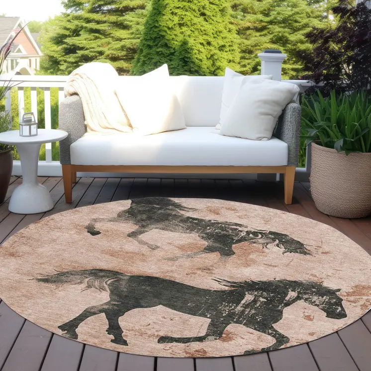 8' Rust And Charcoal Round Horse Washable Indoor Outdoor Area Rug