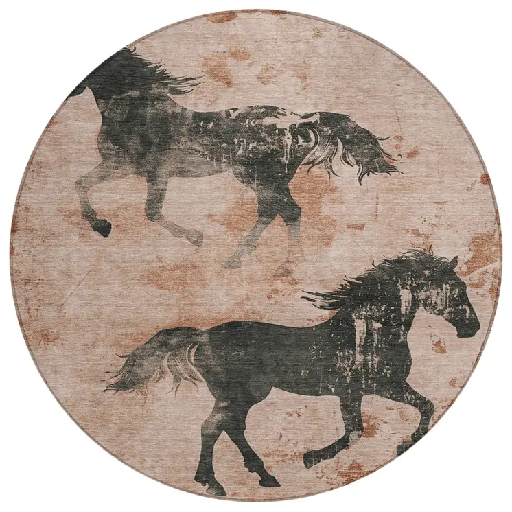 8' Rust And Charcoal Round Horse Washable Indoor Outdoor Area Rug