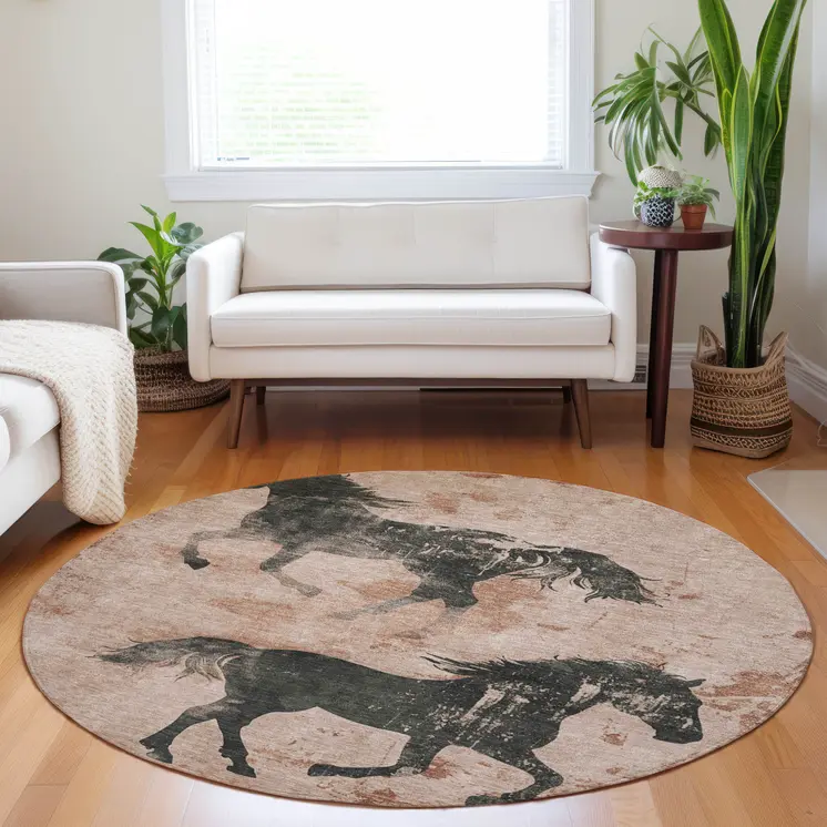 8' Rust And Charcoal Round Horse Washable Indoor Outdoor Area Rug