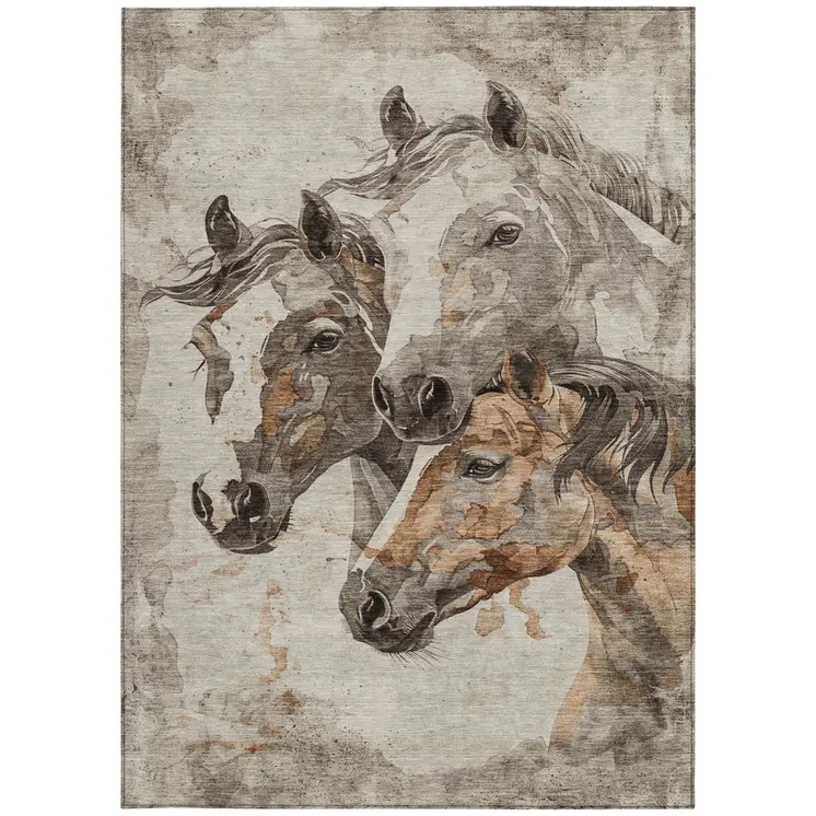5' X 8' Beige And Gray Horse Washable Indoor Outdoor Area Rug