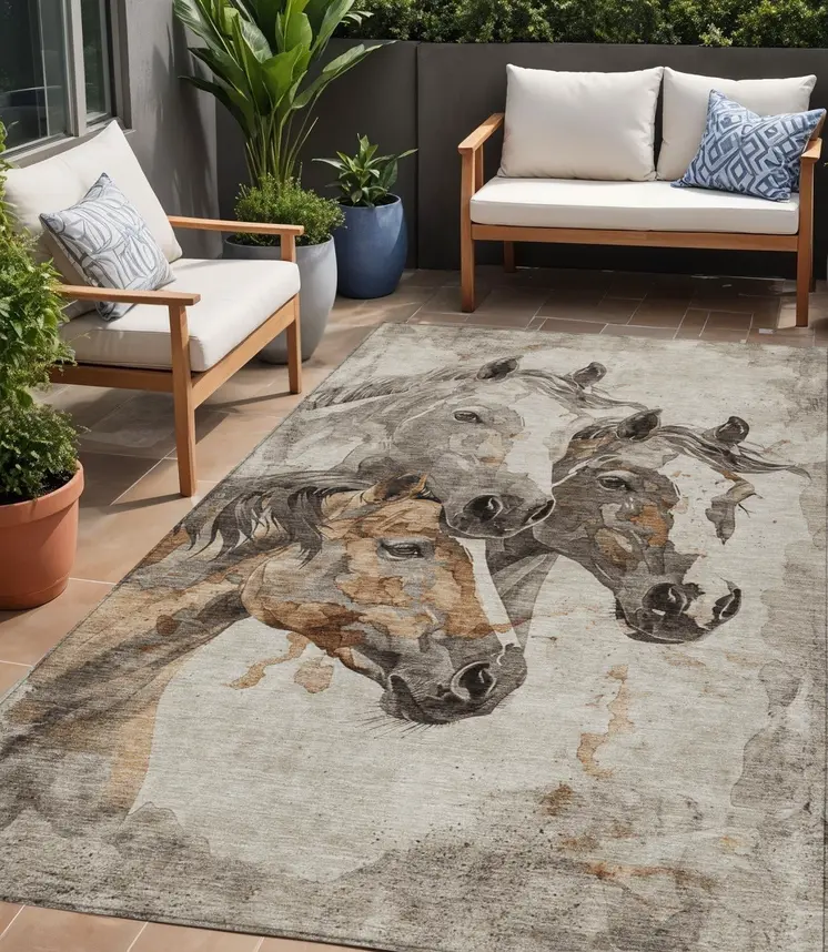 5' X 8' Beige And Gray Horse Washable Indoor Outdoor Area Rug