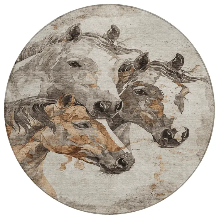 8' Beige And Gray Round Horse Washable Indoor Outdoor Area Rug