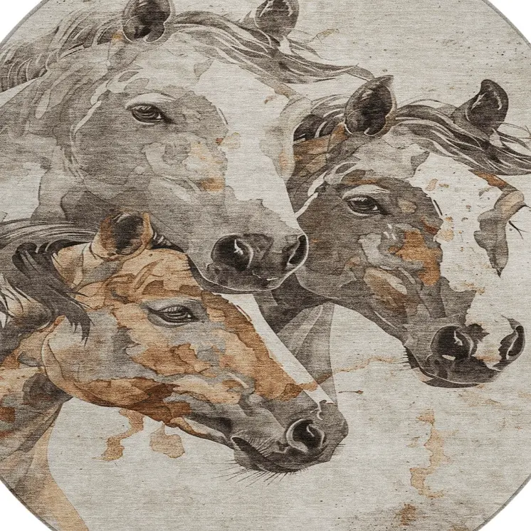 8' Beige And Gray Round Horse Washable Indoor Outdoor Area Rug