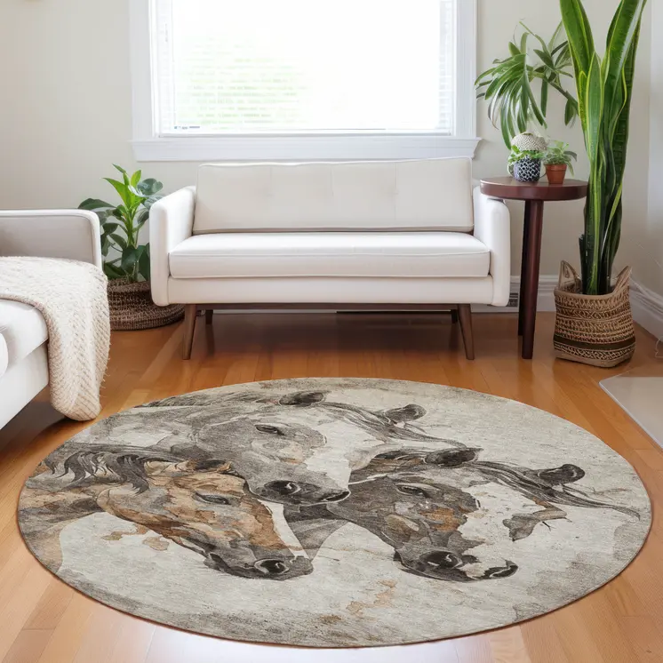 8' Beige And Gray Round Horse Washable Indoor Outdoor Area Rug