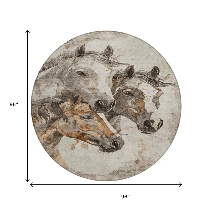 8' Beige And Gray Round Horse Washable Indoor Outdoor Area Rug