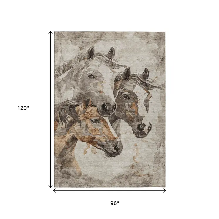 8' X 10' Beige And Gray Horse Washable Indoor Outdoor Area Rug