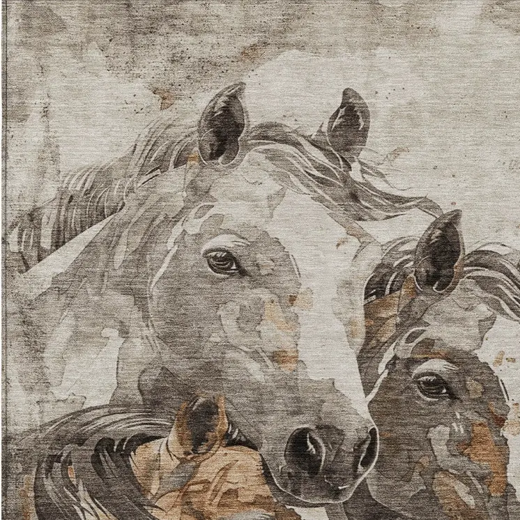 8' X 10' Beige And Gray Horse Washable Indoor Outdoor Area Rug