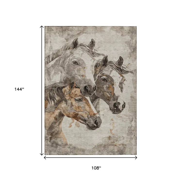 9' X 12' Beige And Gray Horse Washable Indoor Outdoor Area Rug