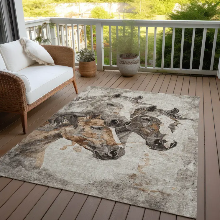 9' X 12' Beige And Gray Horse Washable Indoor Outdoor Area Rug