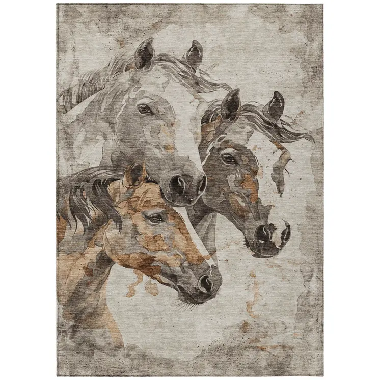 9' X 12' Beige And Gray Horse Washable Indoor Outdoor Area Rug