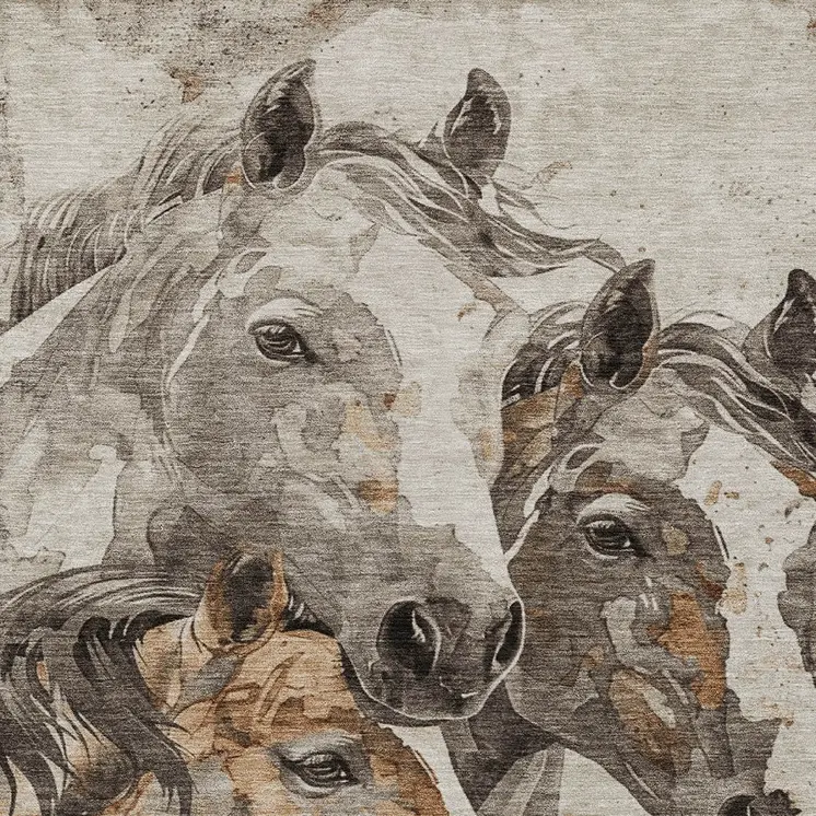 9' X 12' Beige And Gray Horse Washable Indoor Outdoor Area Rug
