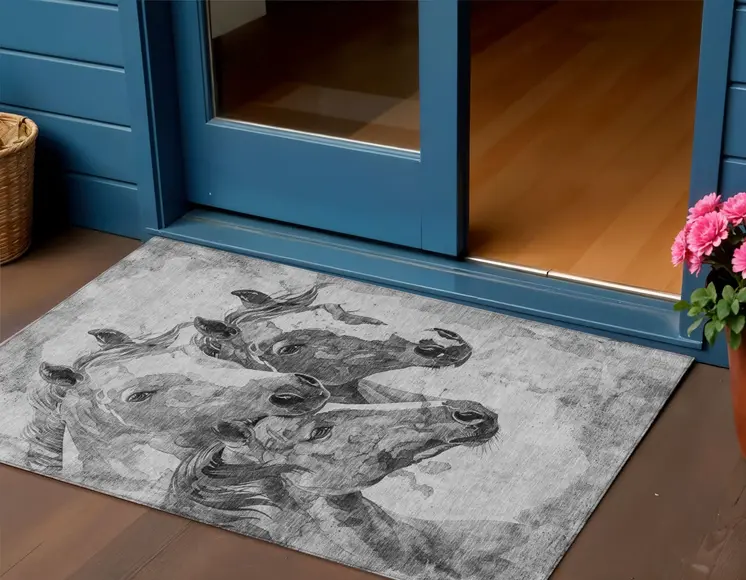 3' X 5' Gray And Silver Horse Washable Indoor Outdoor Area Rug