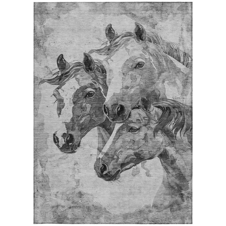3' X 5' Gray And Silver Horse Washable Indoor Outdoor Area Rug