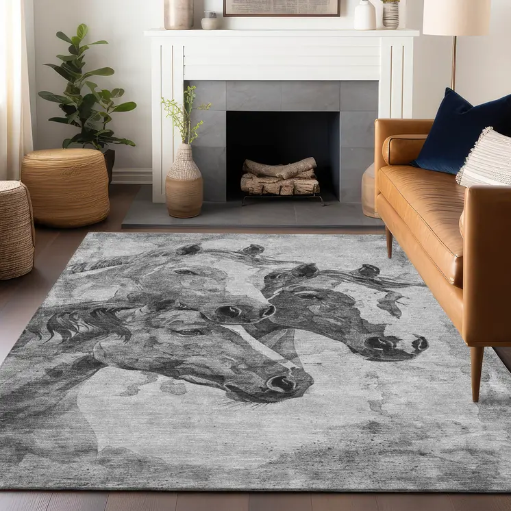 3' X 5' Gray And Silver Horse Washable Indoor Outdoor Area Rug