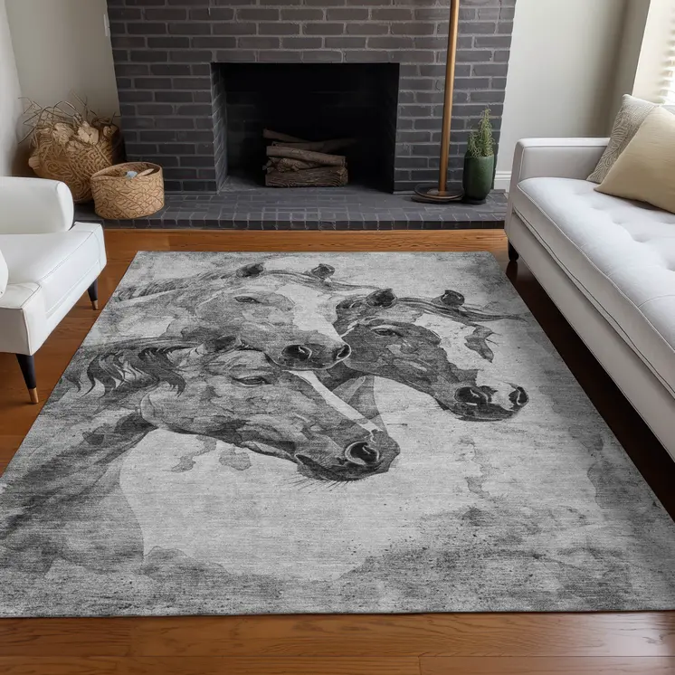 3' X 5' Gray And Silver Horse Washable Indoor Outdoor Area Rug