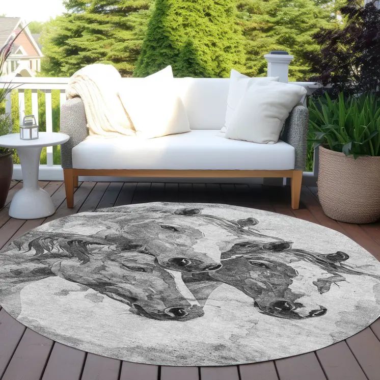 8' Gray And Silver Round Horse Washable Indoor Outdoor Area Rug