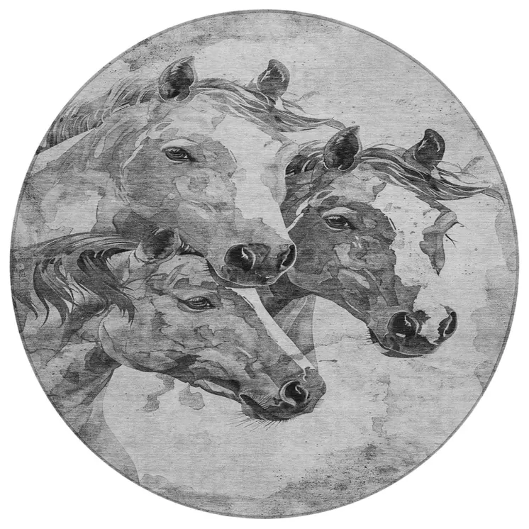 8' Gray And Silver Round Horse Washable Indoor Outdoor Area Rug