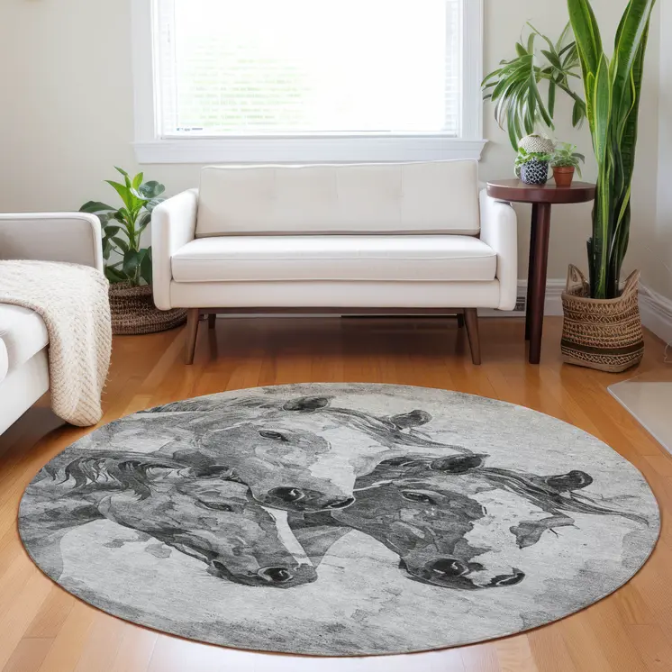 8' Gray And Silver Round Horse Washable Indoor Outdoor Area Rug