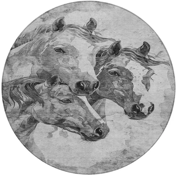 8' Gray And Silver Round Horse Washable Indoor Outdoor Area Rug
