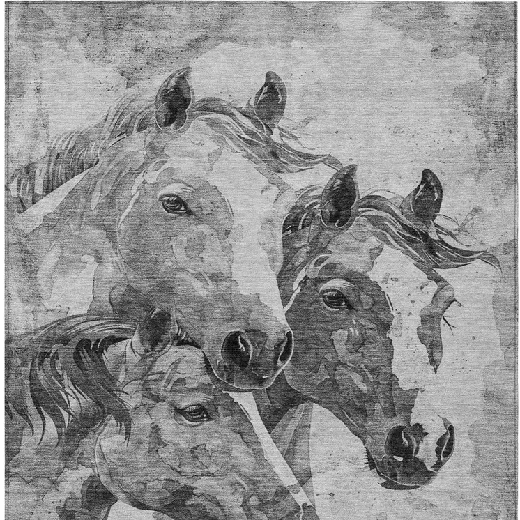 10' X 14' Gray And Silver Horse Washable Indoor Outdoor Area Rug