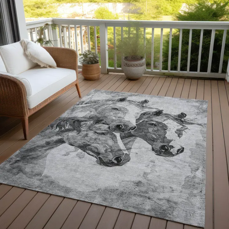 10' X 14' Gray And Silver Horse Washable Indoor Outdoor Area Rug