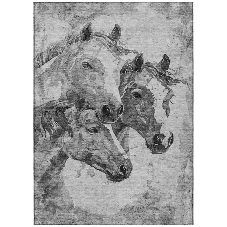 10' X 14' Gray And Silver Horse Washable Indoor Outdoor Area Rug