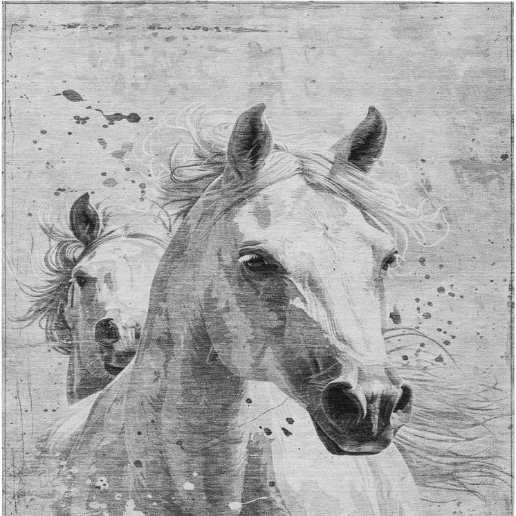3' X 5' Gray And Silver Horse Washable Indoor Outdoor Area Rug