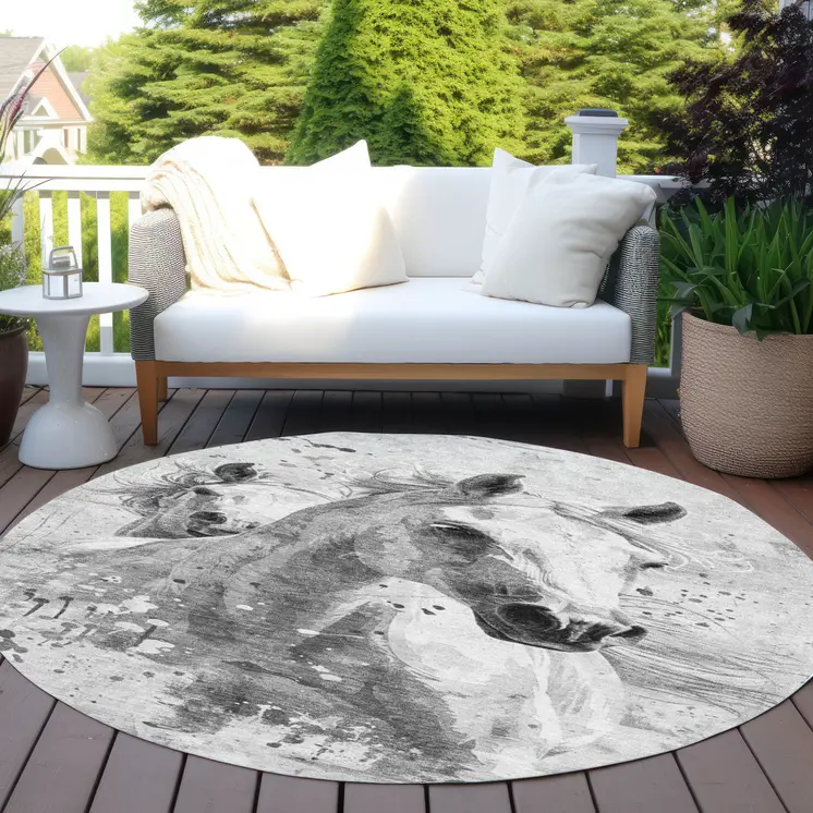 8' Gray And Silver Round Horse Washable Indoor Outdoor Area Rug
