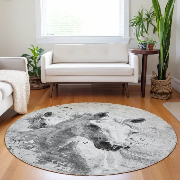 8' Gray And Silver Round Horse Washable Indoor Outdoor Area Rug