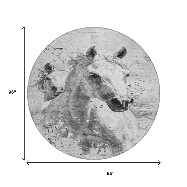 8' Gray And Silver Round Horse Washable Indoor Outdoor Area Rug