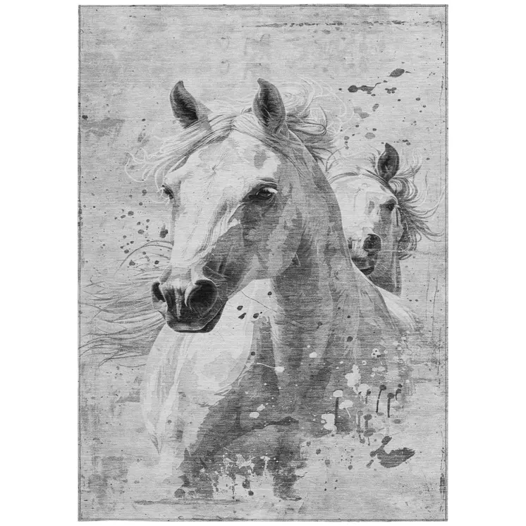 9' X 12' Gray And Silver Horse Washable Indoor Outdoor Area Rug