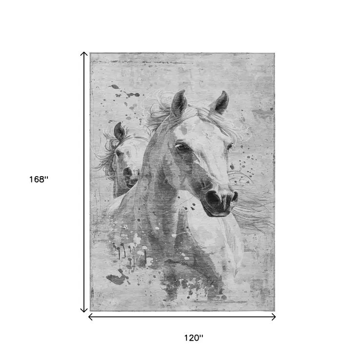 10' X 14' Gray And Silver Horse Washable Indoor Outdoor Area Rug