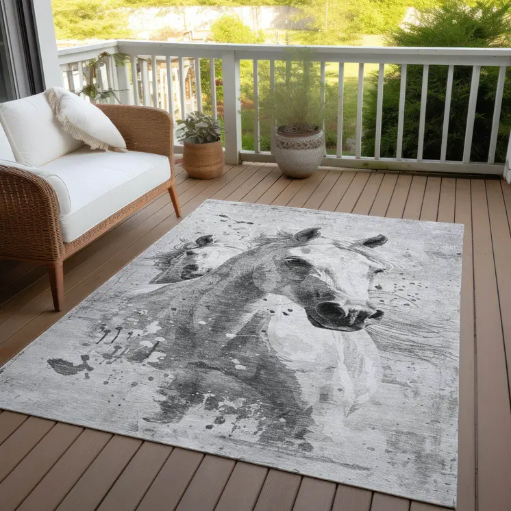 10' X 14' Gray And Silver Horse Washable Indoor Outdoor Area Rug