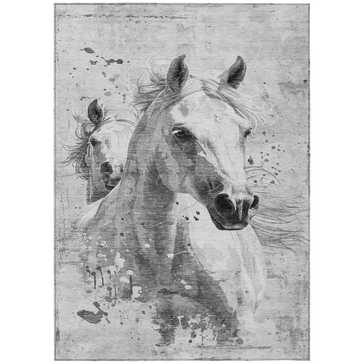 10' X 14' Gray And Silver Horse Washable Indoor Outdoor Area Rug