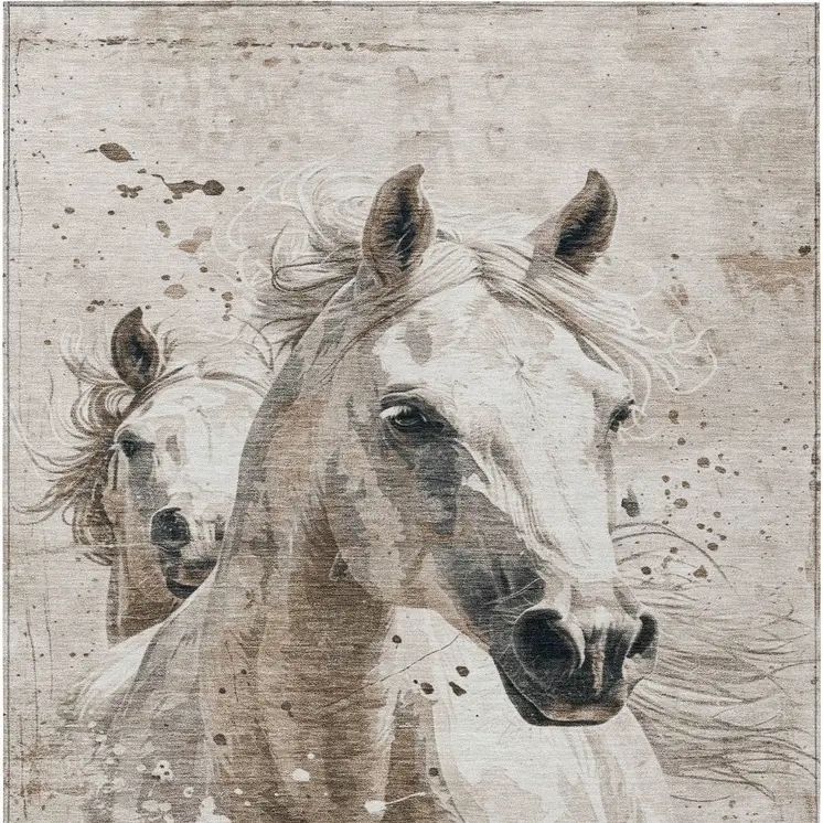 3' X 5' Ivory And Gray Horse Washable Indoor Outdoor Area Rug
