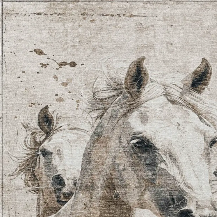 5' X 8' Ivory And Gray Horse Washable Indoor Outdoor Area Rug