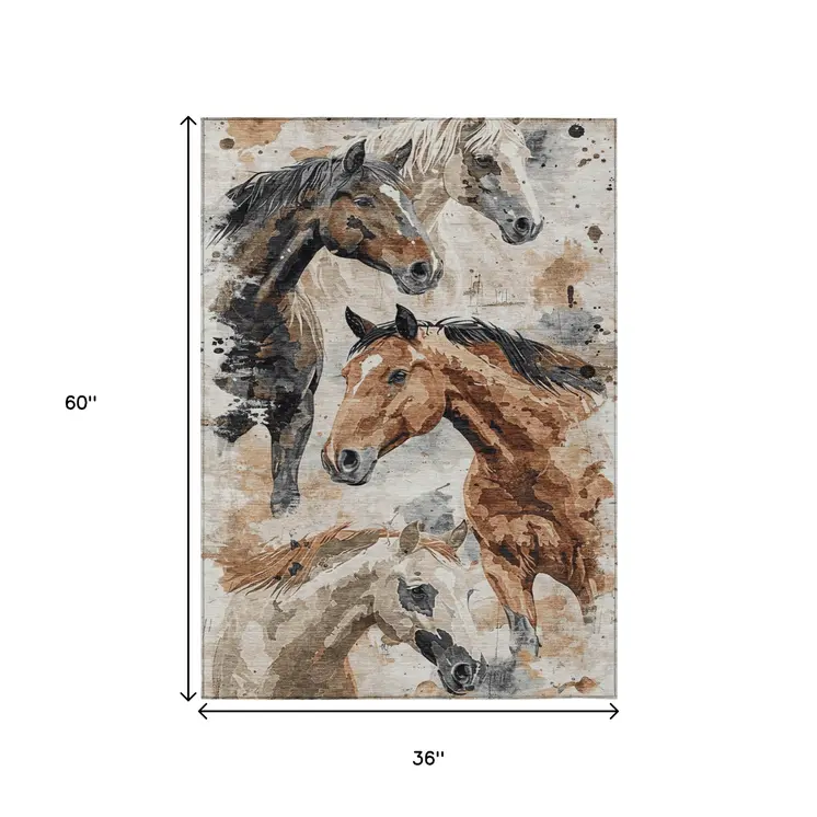 3' X 5' Beige Charcoal And Brown Horse Washable Indoor Outdoor Area Rug