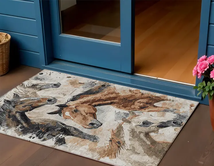 3' X 5' Beige Charcoal And Brown Horse Washable Indoor Outdoor Area Rug