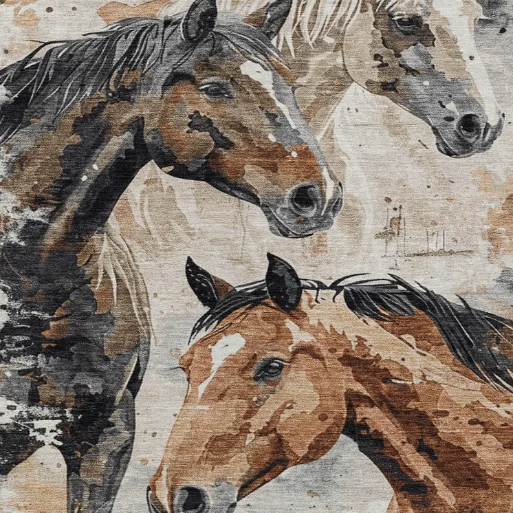 3' X 5' Beige Charcoal And Brown Horse Washable Indoor Outdoor Area Rug