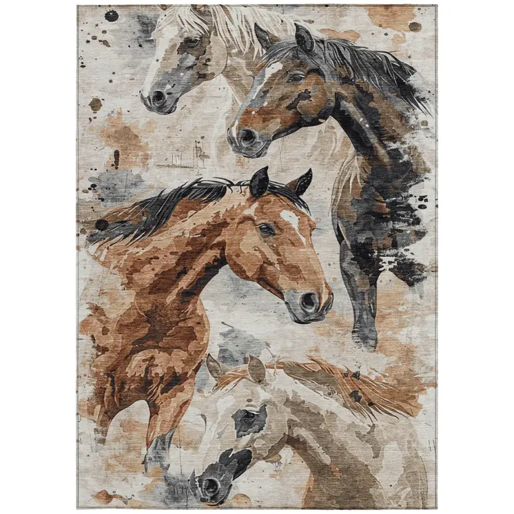 5' X 8' Beige Charcoal And Brown Horse Washable Indoor Outdoor Area Rug